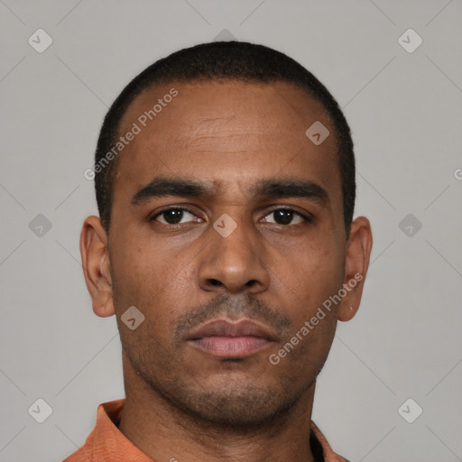 Neutral latino young-adult male with short  brown hair and brown eyes
