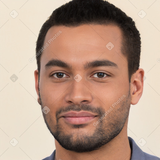 Neutral white young-adult male with short  black hair and brown eyes