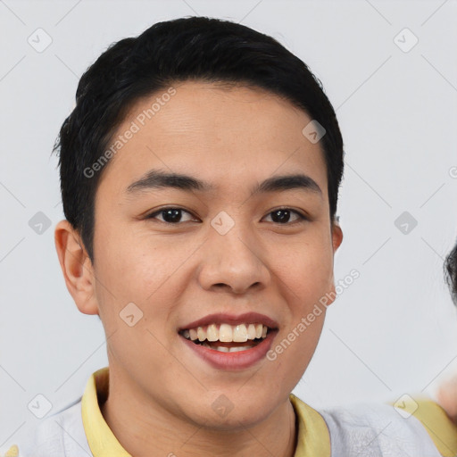 Joyful latino young-adult male with short  black hair and brown eyes
