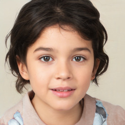 Joyful white child female with medium  brown hair and brown eyes