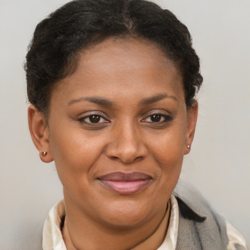 Joyful black adult female with short  brown hair and brown eyes