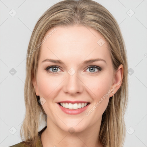 Joyful white young-adult female with medium  brown hair and green eyes