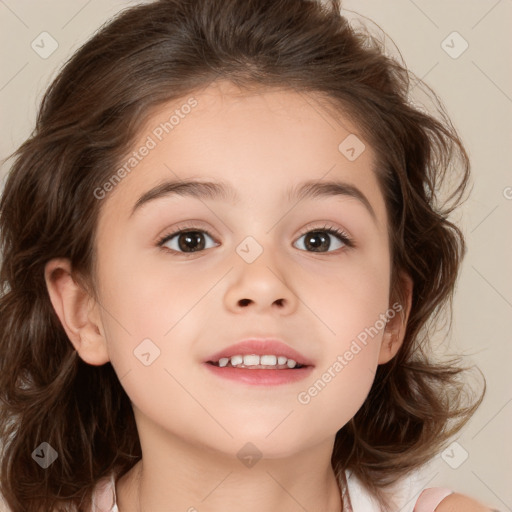 Joyful white child female with medium  brown hair and brown eyes