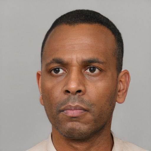 Neutral black adult male with short  black hair and brown eyes