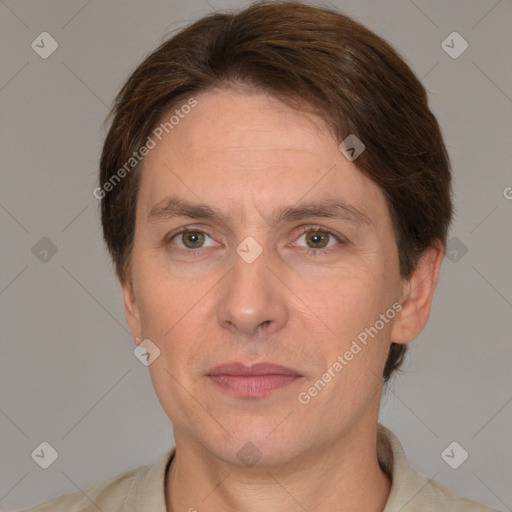 Neutral white adult male with short  brown hair and grey eyes