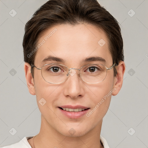 Joyful white adult female with short  brown hair and brown eyes