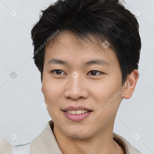 Joyful asian young-adult male with short  brown hair and brown eyes