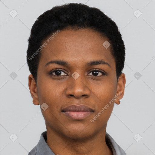 Joyful black young-adult female with short  black hair and brown eyes