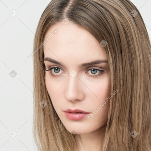 Neutral white young-adult female with long  brown hair and brown eyes