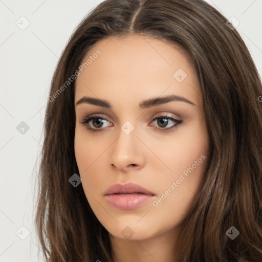 Neutral white young-adult female with long  brown hair and brown eyes