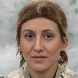 Joyful white adult female with medium  brown hair and grey eyes