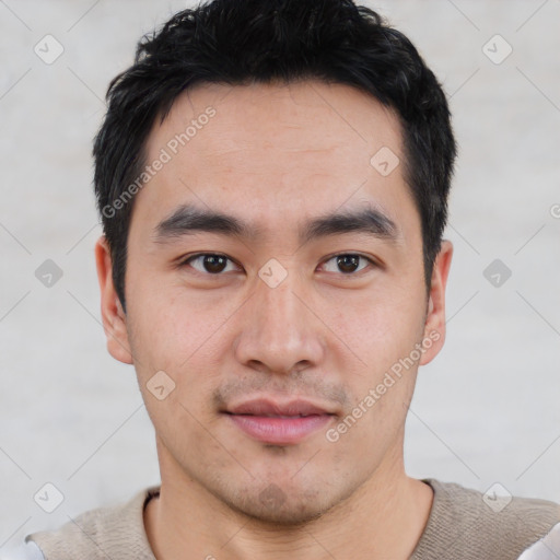 Neutral asian young-adult male with short  black hair and brown eyes