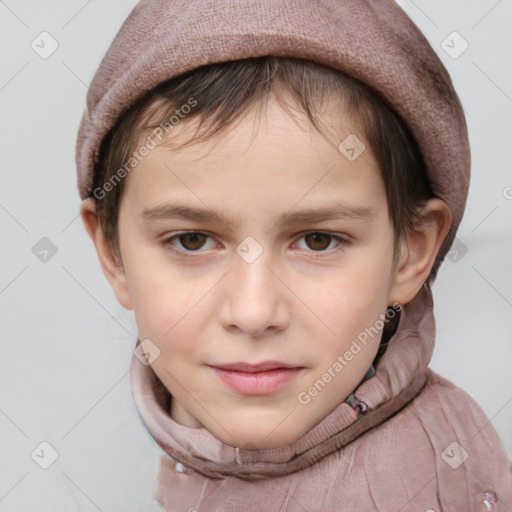 Neutral white child female with short  brown hair and grey eyes