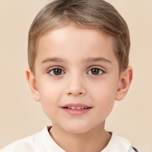 Joyful white child male with short  brown hair and brown eyes