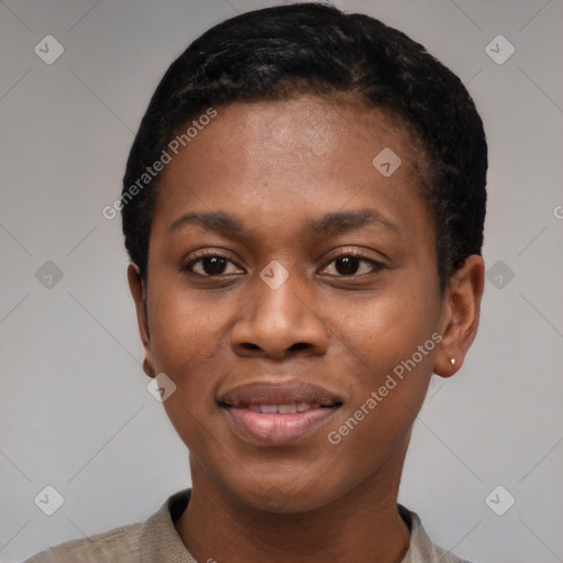 Joyful black young-adult female with short  black hair and brown eyes