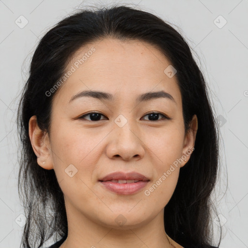 Joyful asian young-adult female with medium  brown hair and brown eyes