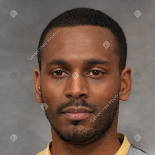 Neutral black young-adult male with short  black hair and brown eyes