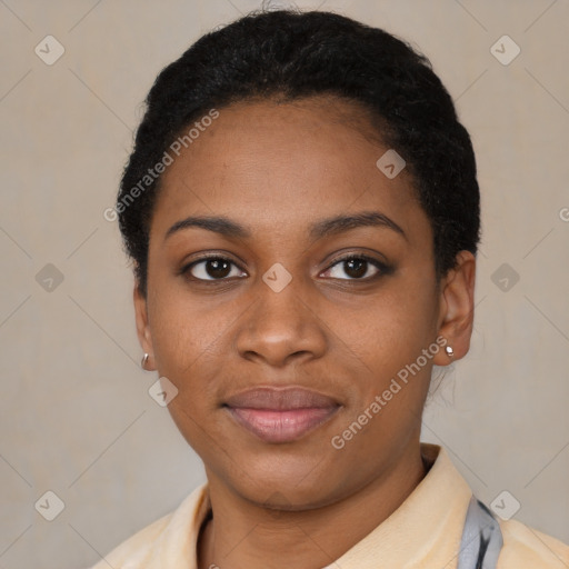 Joyful latino young-adult female with short  black hair and brown eyes