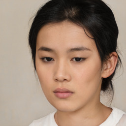 Neutral asian young-adult female with medium  brown hair and brown eyes