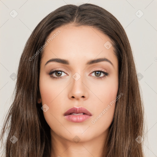 Neutral white young-adult female with long  brown hair and brown eyes