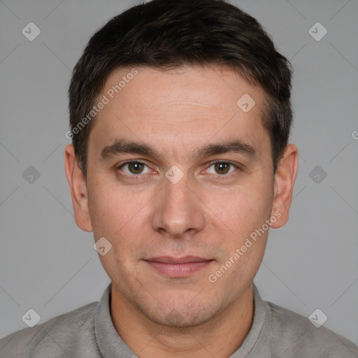 Neutral white young-adult male with short  brown hair and brown eyes