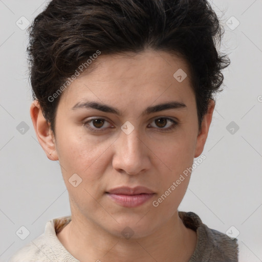 Joyful white young-adult female with short  brown hair and brown eyes