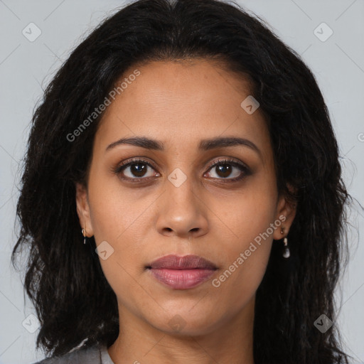 Joyful latino young-adult female with long  brown hair and brown eyes