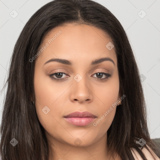 Neutral latino young-adult female with long  brown hair and brown eyes