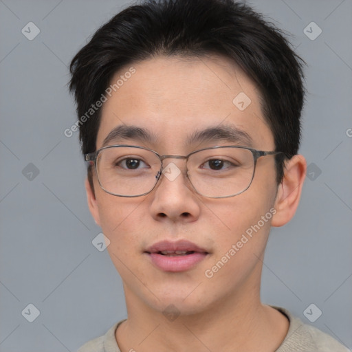 Neutral asian young-adult male with short  brown hair and brown eyes