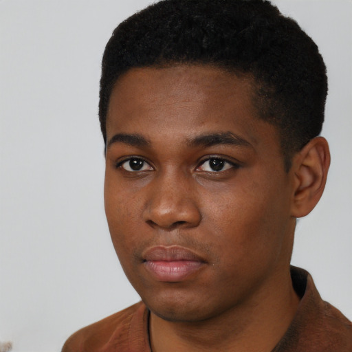 Neutral black young-adult male with short  black hair and brown eyes