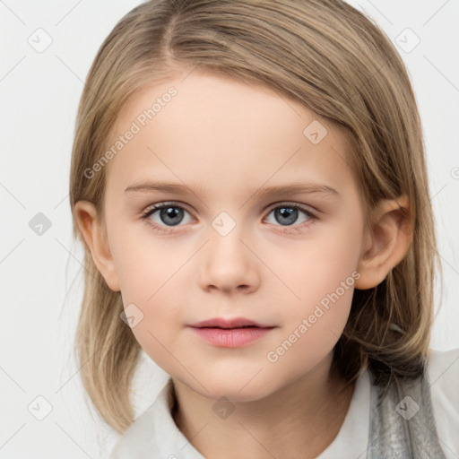 Neutral white child female with medium  brown hair and grey eyes