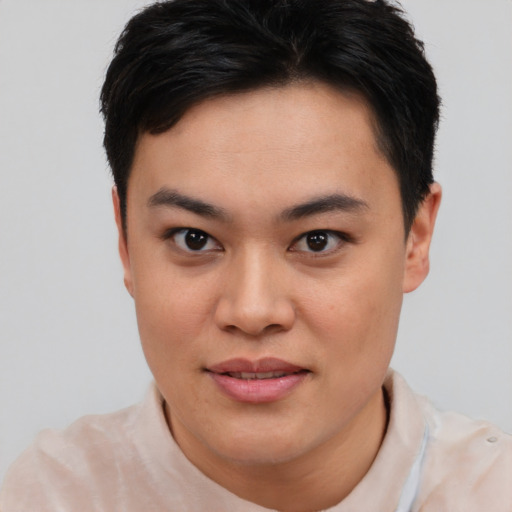 Joyful asian young-adult female with short  brown hair and brown eyes