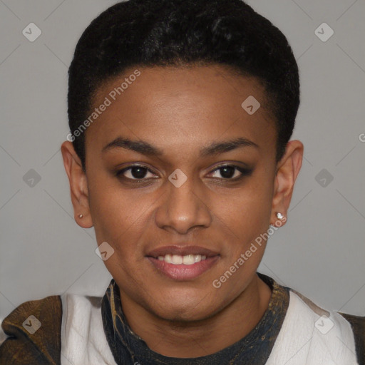 Joyful latino young-adult female with short  black hair and brown eyes