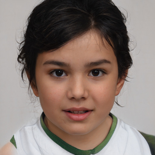 Joyful white child female with medium  brown hair and brown eyes