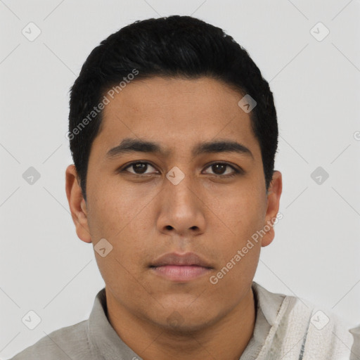 Neutral asian young-adult male with short  black hair and brown eyes