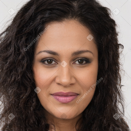 Joyful latino young-adult female with long  brown hair and brown eyes