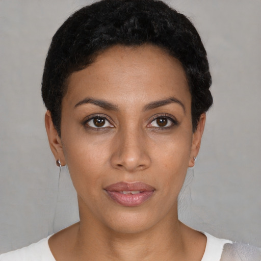 Neutral latino young-adult female with short  black hair and brown eyes