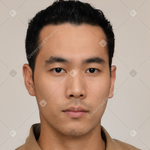 Neutral asian young-adult male with short  black hair and brown eyes