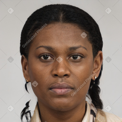 Neutral black young-adult female with short  brown hair and brown eyes