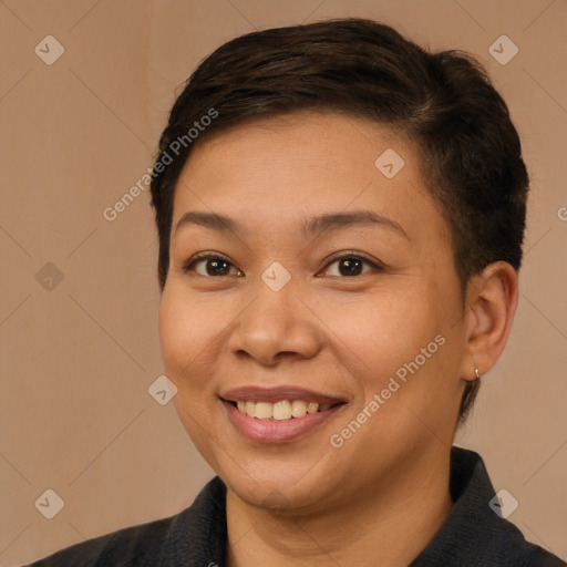 Joyful white young-adult female with medium  brown hair and brown eyes