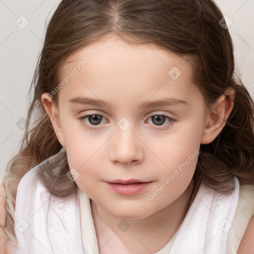 Neutral white child female with medium  brown hair and blue eyes