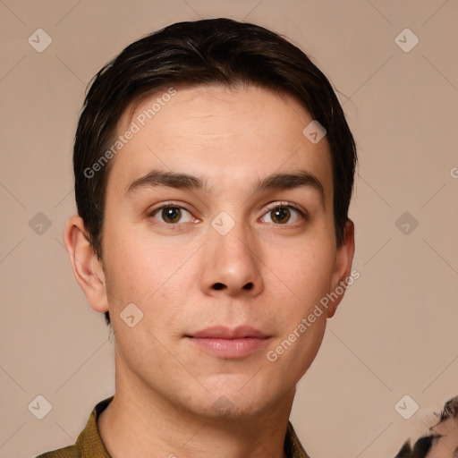 Neutral white young-adult male with short  brown hair and brown eyes