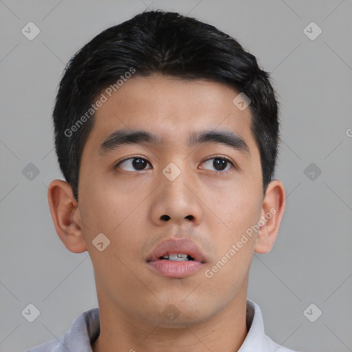 Neutral asian young-adult male with short  black hair and brown eyes