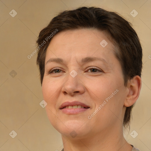 Joyful white young-adult female with short  brown hair and brown eyes