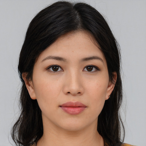 Neutral asian young-adult female with medium  brown hair and brown eyes