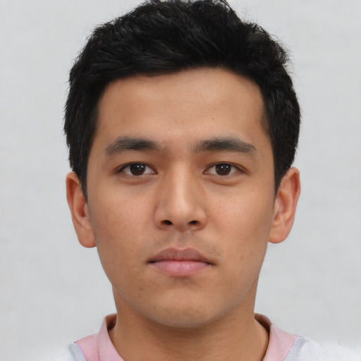 Neutral asian young-adult male with short  black hair and brown eyes