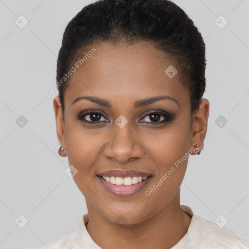 Joyful black young-adult female with short  brown hair and brown eyes