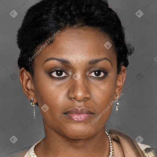 Neutral latino young-adult female with short  black hair and brown eyes