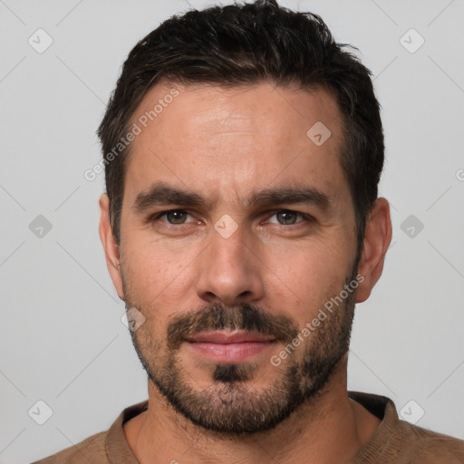 Neutral white adult male with short  brown hair and brown eyes