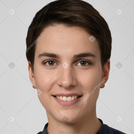 Joyful white young-adult female with short  brown hair and brown eyes